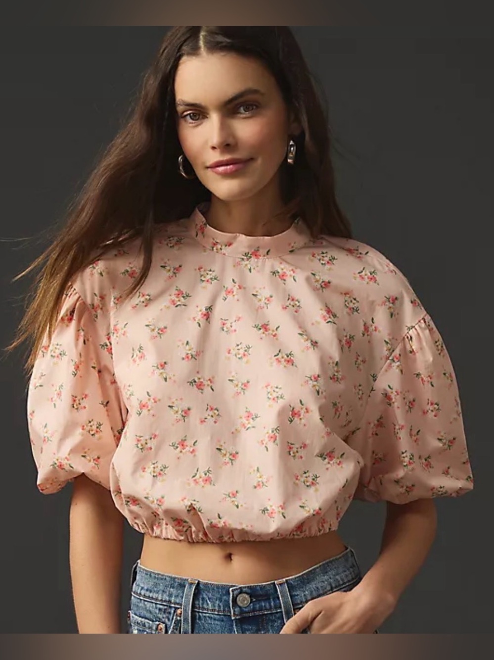 Anthropologie Medium Pink Floral Cropped Bubble-Sleeve Top ~ Coquette Cottage - Picture 1 of 7